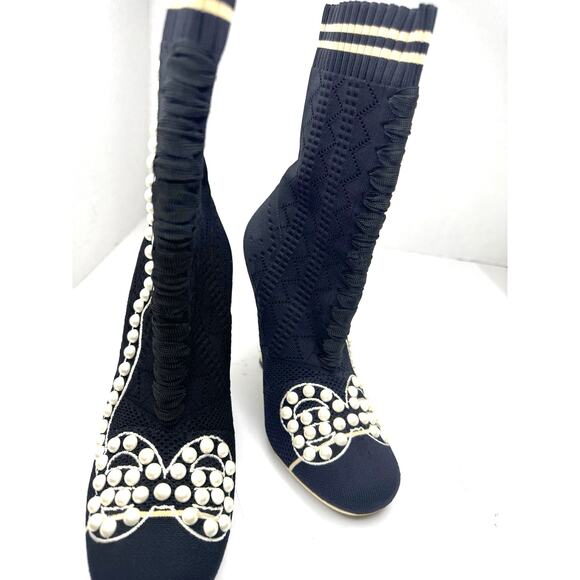 Fendi Rockoko Pearl Embellished Black Stretch Sock Boots 105mm Heels Size 37 - Picture 10 of 13
